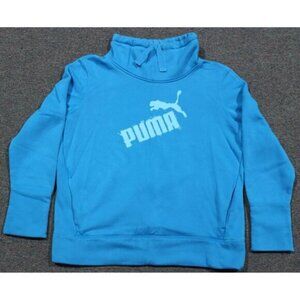 Women PUMA Big Logo Neck Cowl Pullover Sweater Large Blue Kangaroo Front Pocket